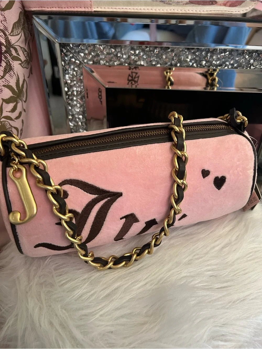 NWT Y2K Vintage 2007 Juicy Couture Pink Velour Brown Leather Tootsie Barrel Bag